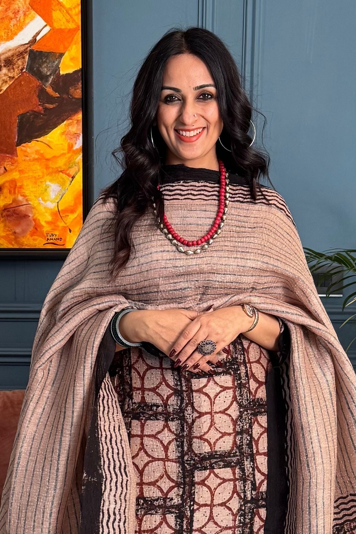 Ivory Suit With Geometric Blocks